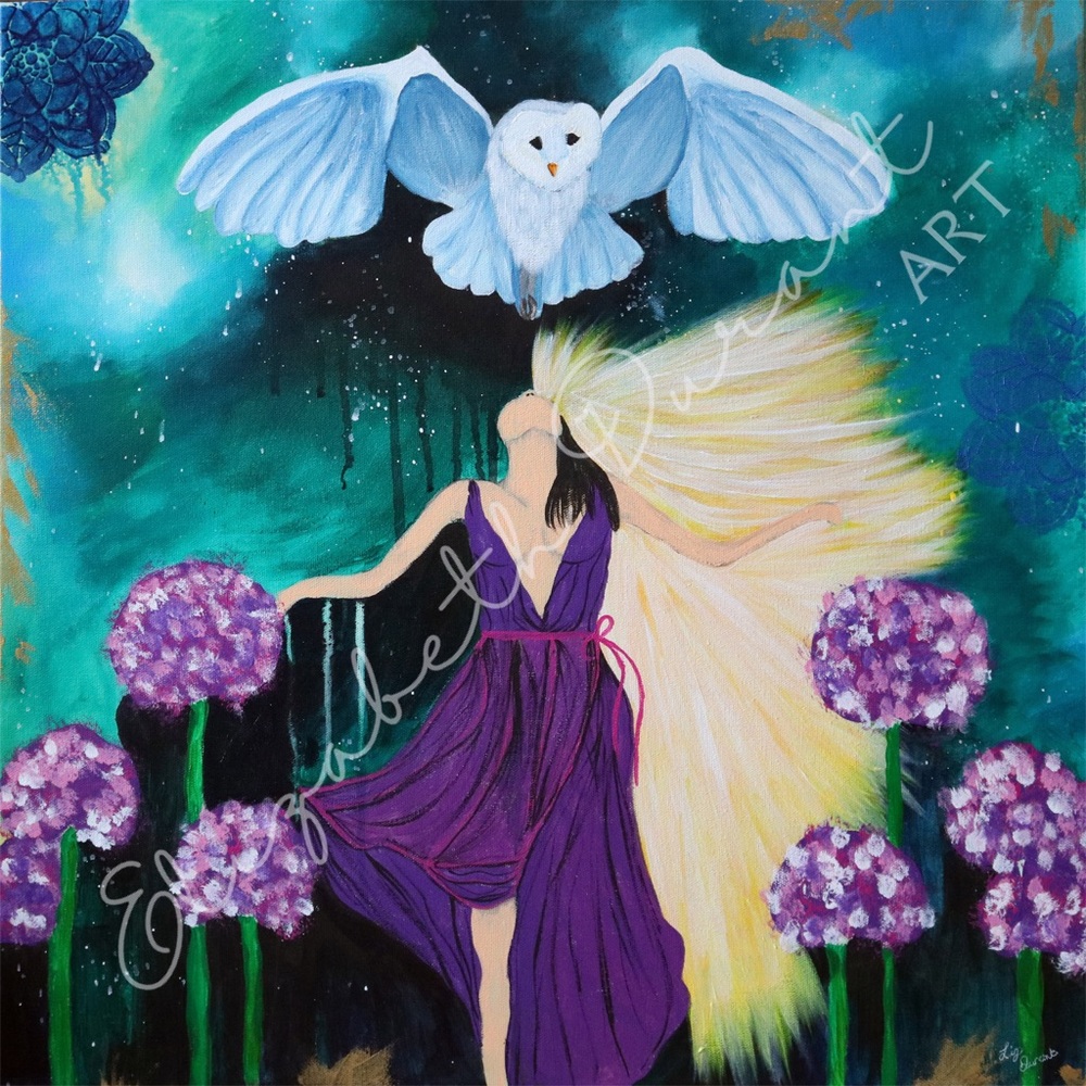 Painting spirited woman & owl Witchy Devine feminine Abstract dark & moody